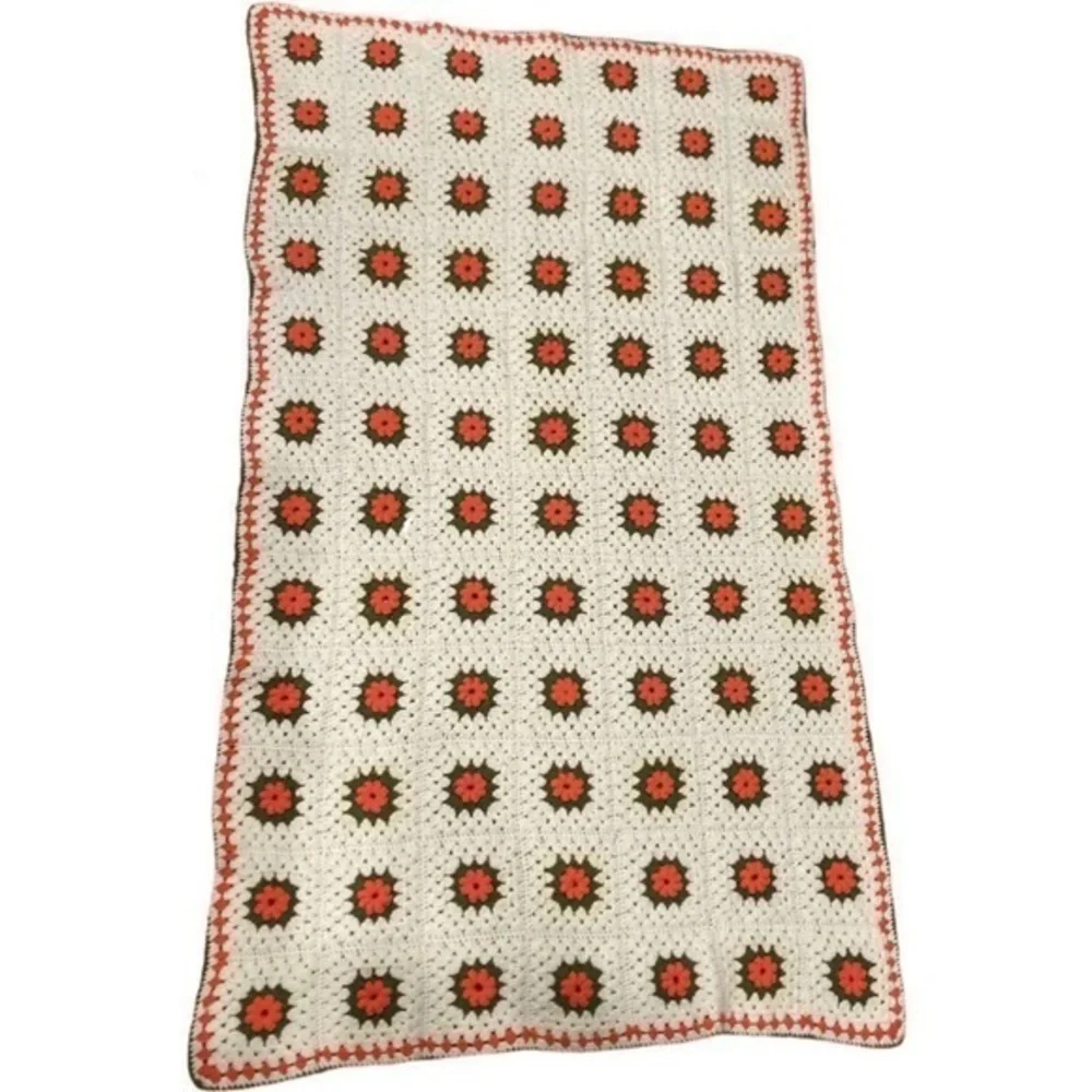 Granny Square Blanket 71”x41” White Green Pink Roses Rosette Crochet Afghan